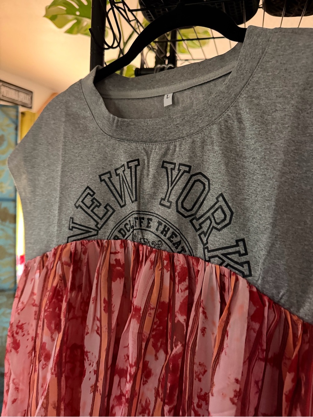 Grey and Pink Pleated New York Graphic Women's Dress (Sheer Bottom) Maxi